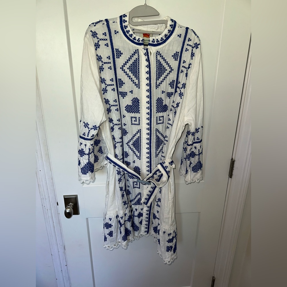 FARM RIO Blue & White Cross Stitch Mini Dress